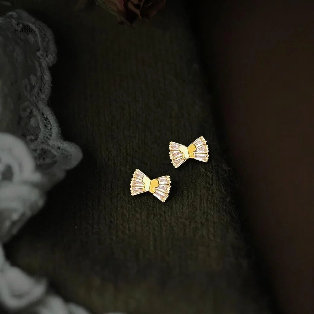 Sweet Minimalist Copper Micro Pave Zircon Bowknot Mini Stud Earrings