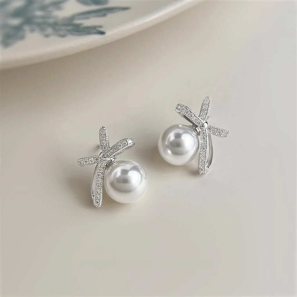 Light Luxury Bowknot Micro Pave Zircon Copper Silver Plated Stud Earrings For Women