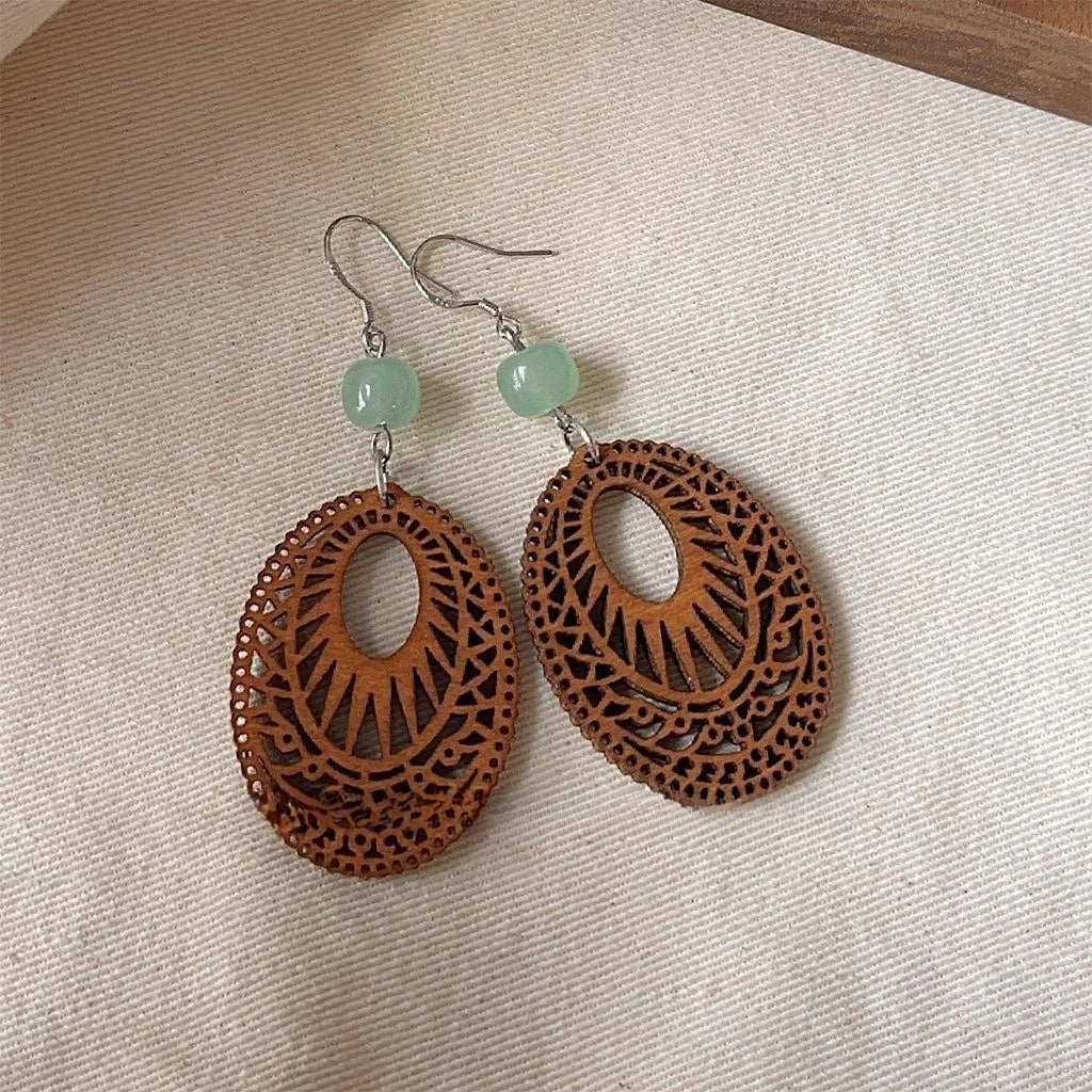 New Chinese Style Wood And Aventurine Jade Geometric Oval Ethnic Vintage Drop Earrings