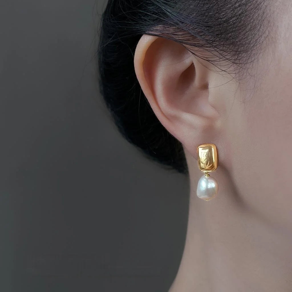 14K Gold Plated Copper Baroque Freshwater Pearl Irregular Geometric French Vintage Drop Earrings