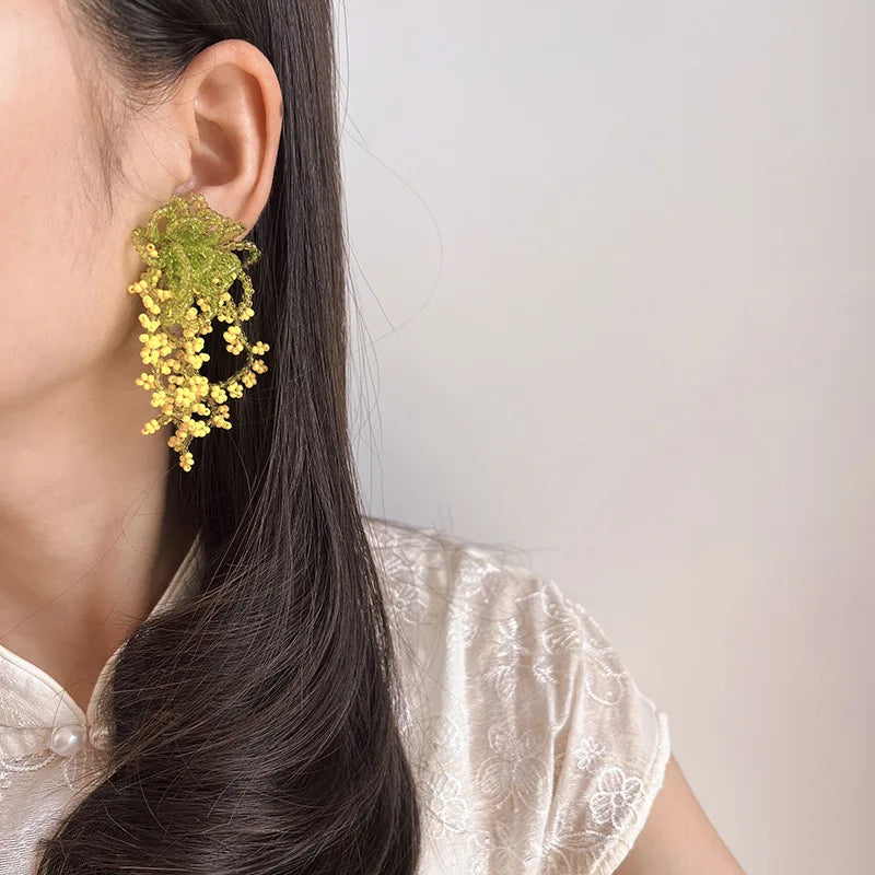 Green And Yellow Crystal Beaded Flower Tassel Stud & Clip On No Piercing Statement Drop Earrings