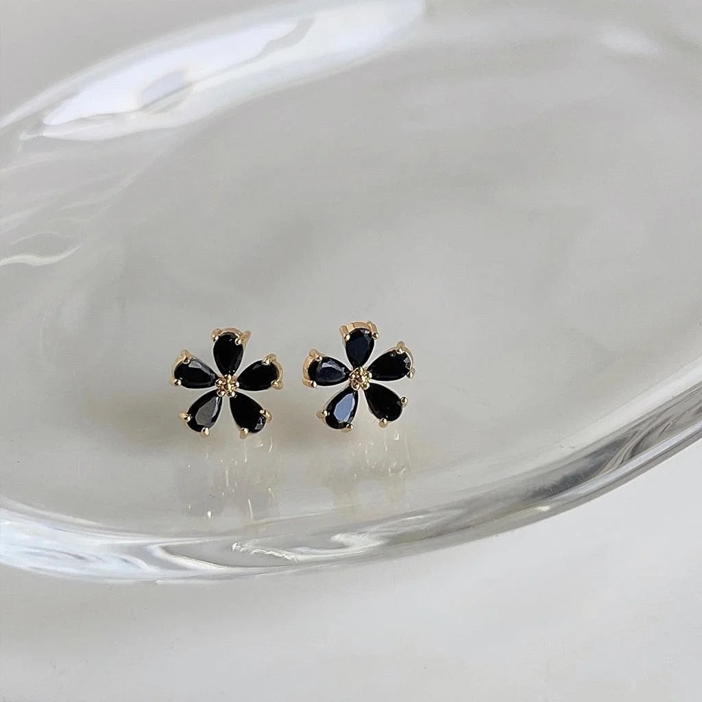 14K Plated Copper Black Flower Micro Pave Zircon Stud Earrings, Elegant Minimalist Ear Jewelry