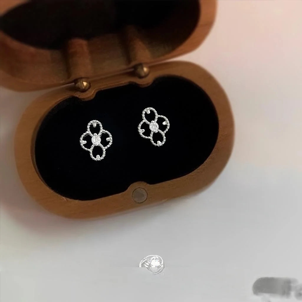 Light Luxury Silver Plated Copper Micro Pave Zircon Hollow Flower Leaf Stud Earrings For Women