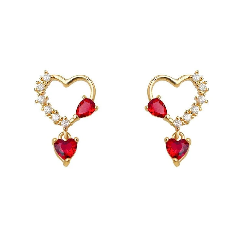 14K Plated Copper Burgundy Zircon Heart Stud Earrings Vintage Minimalist Jewelry