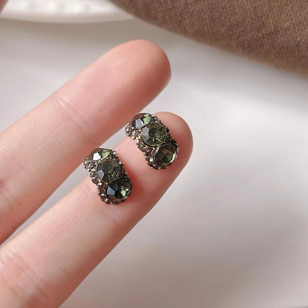 Antique Gold Plated Copper Geometric Ring Stud Earrings With Olive Green Crystal Accents