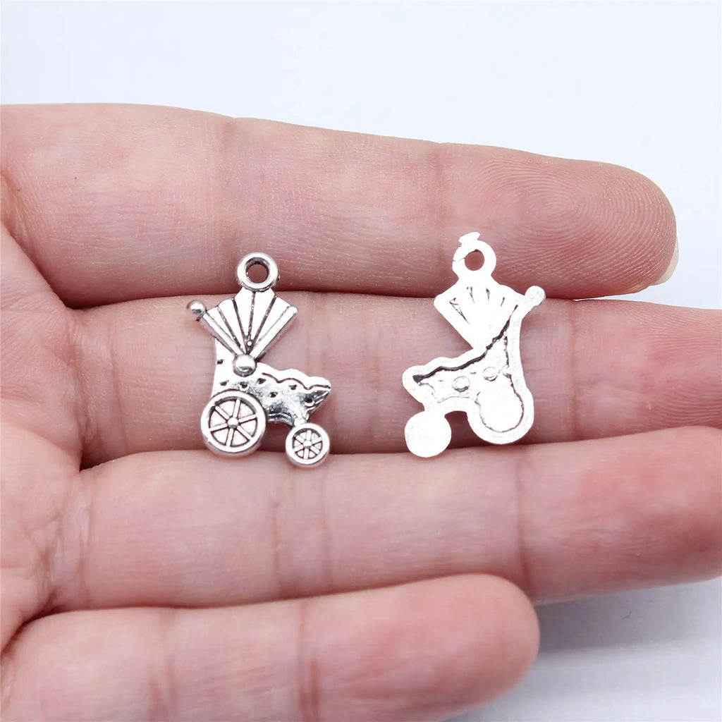 19x12mm 0.6g Antique Silver Zinc Alloy Baby Stroller Charm Pendant for DIY Baby Shower Jewelry Making