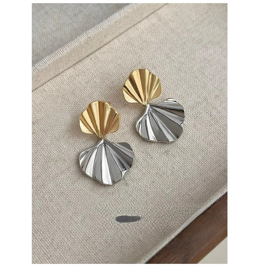 Two Tone Plated Copper Fan Pleated Geometric Drop Earrings For Women Statement Commuter Style