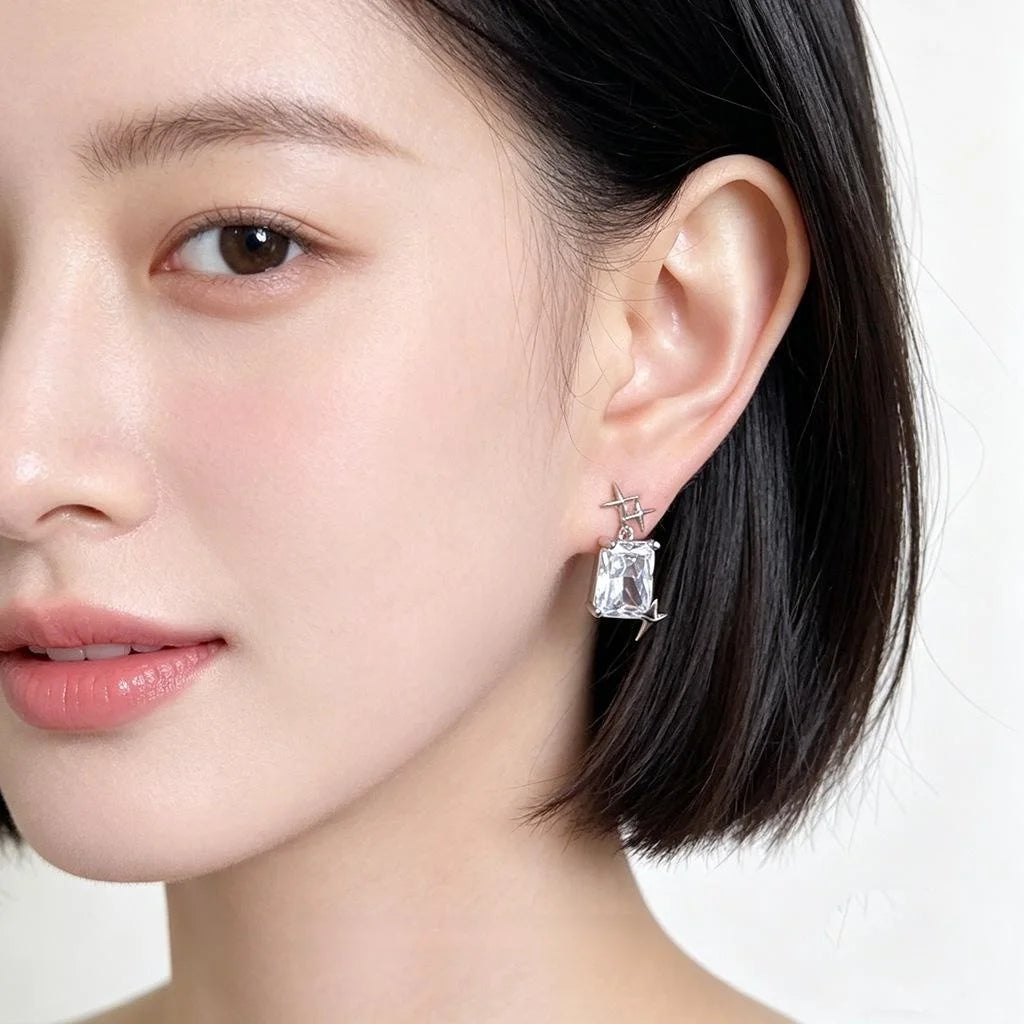 Sparkling Square Zircon Star Stud Earrings Copper High End Commuter Jewelry