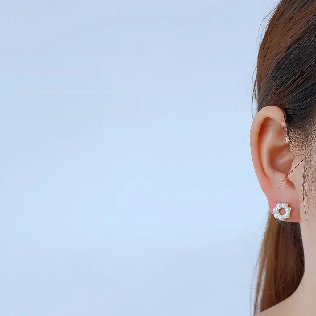 Minimalist Style Mini 14K Plated Alloy Pearl Round Flower Stud Earrings For Women
