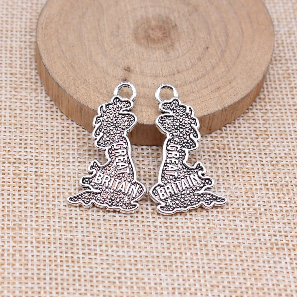 34x20mm 3.2g Antique Silver Zinc Alloy Great Britain Map Charm Pendant for DIY Travel Jewelry Making