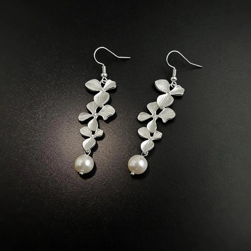 Vintage Silver Metal Flower Tassel Drop Earrings With Glass Pearl Petal Geometric Design