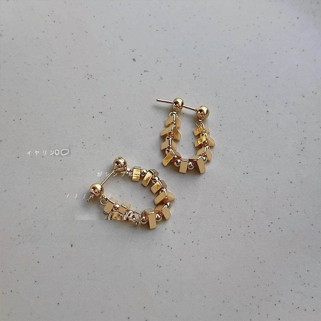 Vintage Copper Geometric Square Chain Stud Earrings, Handmade Light Luxury Commuter Jewelry