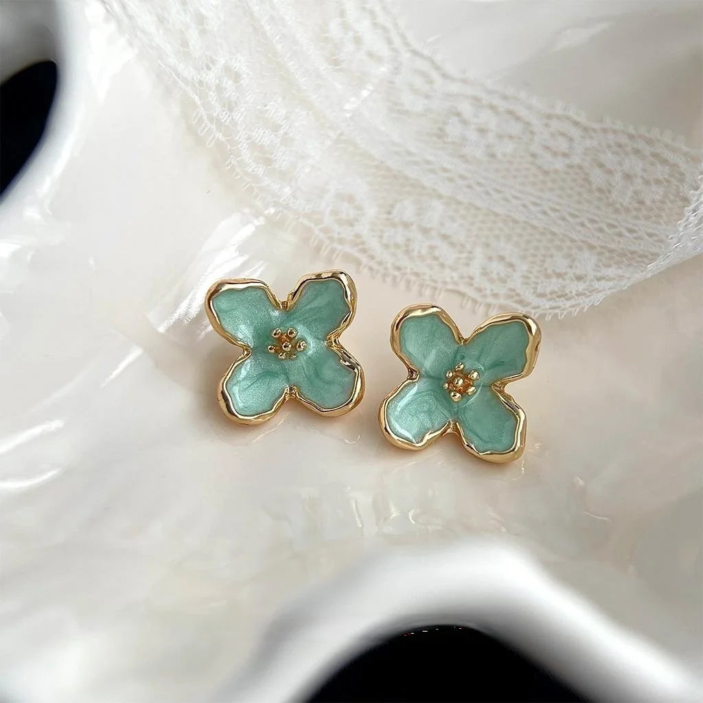 2025 New Mint Green Copper Flower Stud Earrings Sweet Fresh Forest Style Women's Jewelry