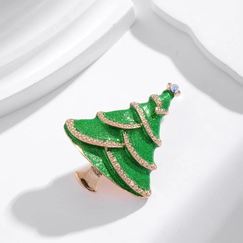 Elegant Green Enamel Christmas Tree Rhinestone Brooch, Festive Alloy Lapel Pin Suit Accessory Gift