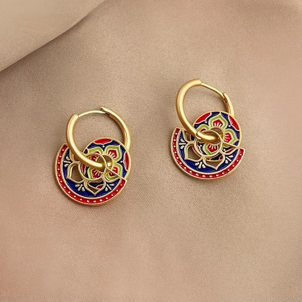 Vintage Ethnic Copper Handmade Painted Enamel Lotus Geometric Drop Earrings