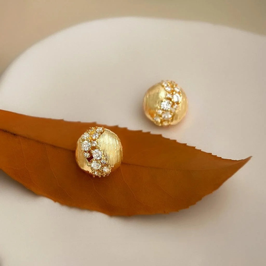 Sparkling Zircon 14K Gold Plated Hollow Geometric Round Stud Earrings Light Luxury Jewelry