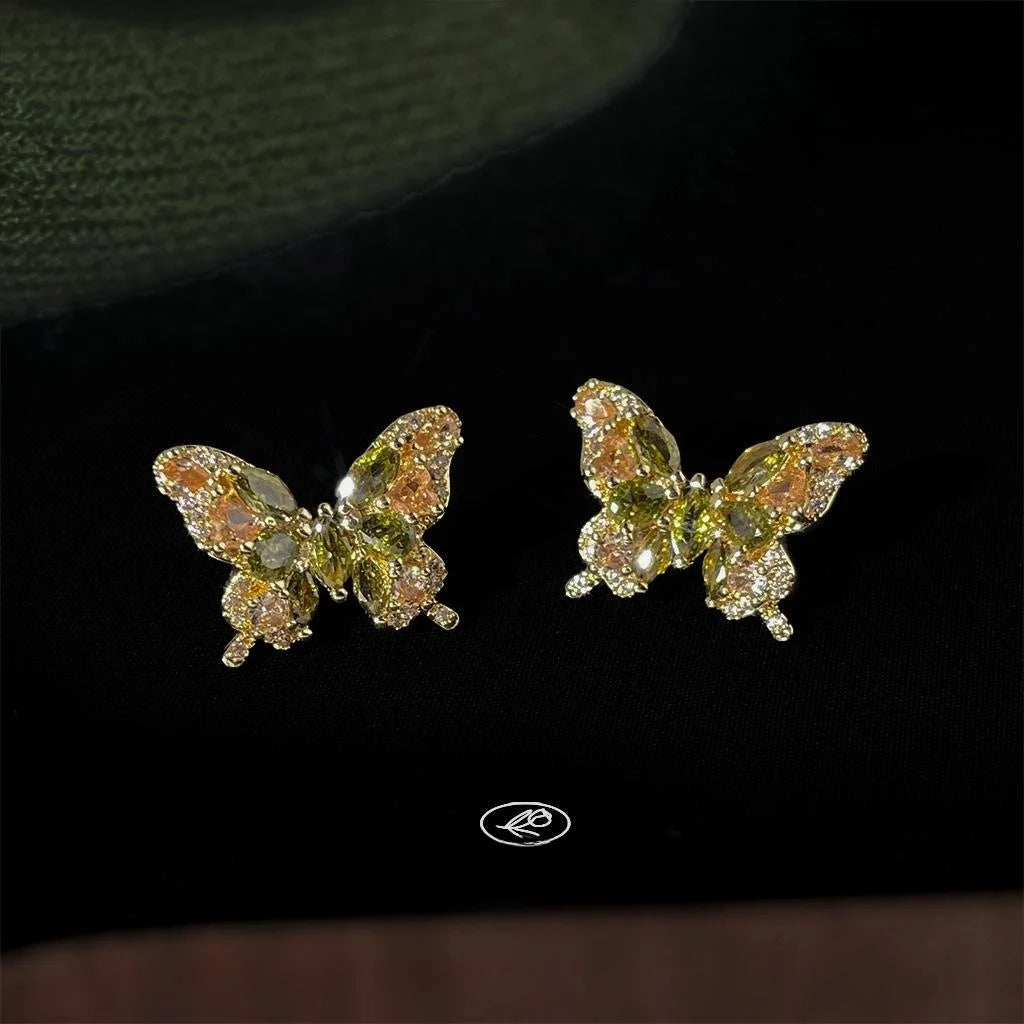 Sparkling Full Zircon Butterfly Stud Earrings Silver Plated Copper Forest Sweet Summer Jewelry