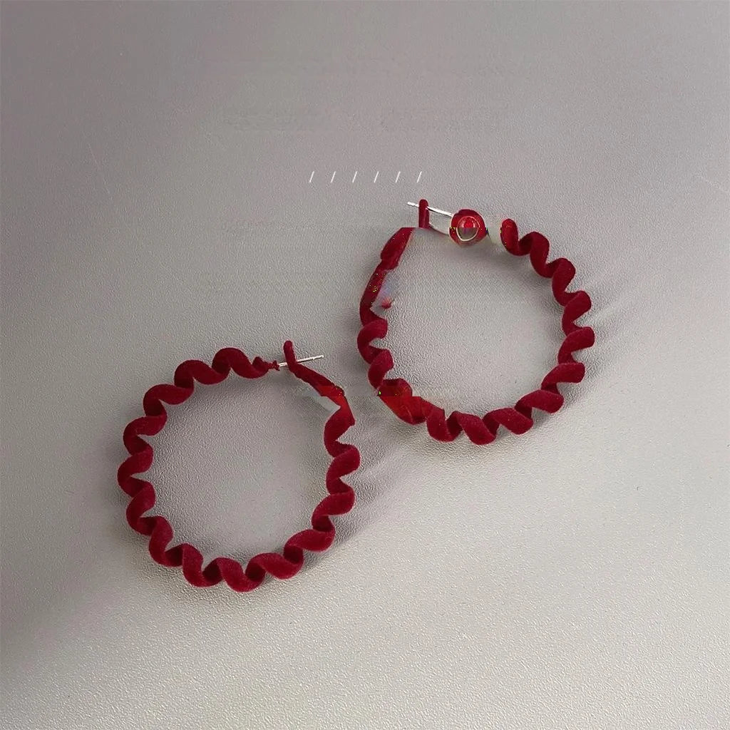 Burgundy Flocked Metal Hoop Earrings With Silver Plated Posts, Winter Geometric Coil Style