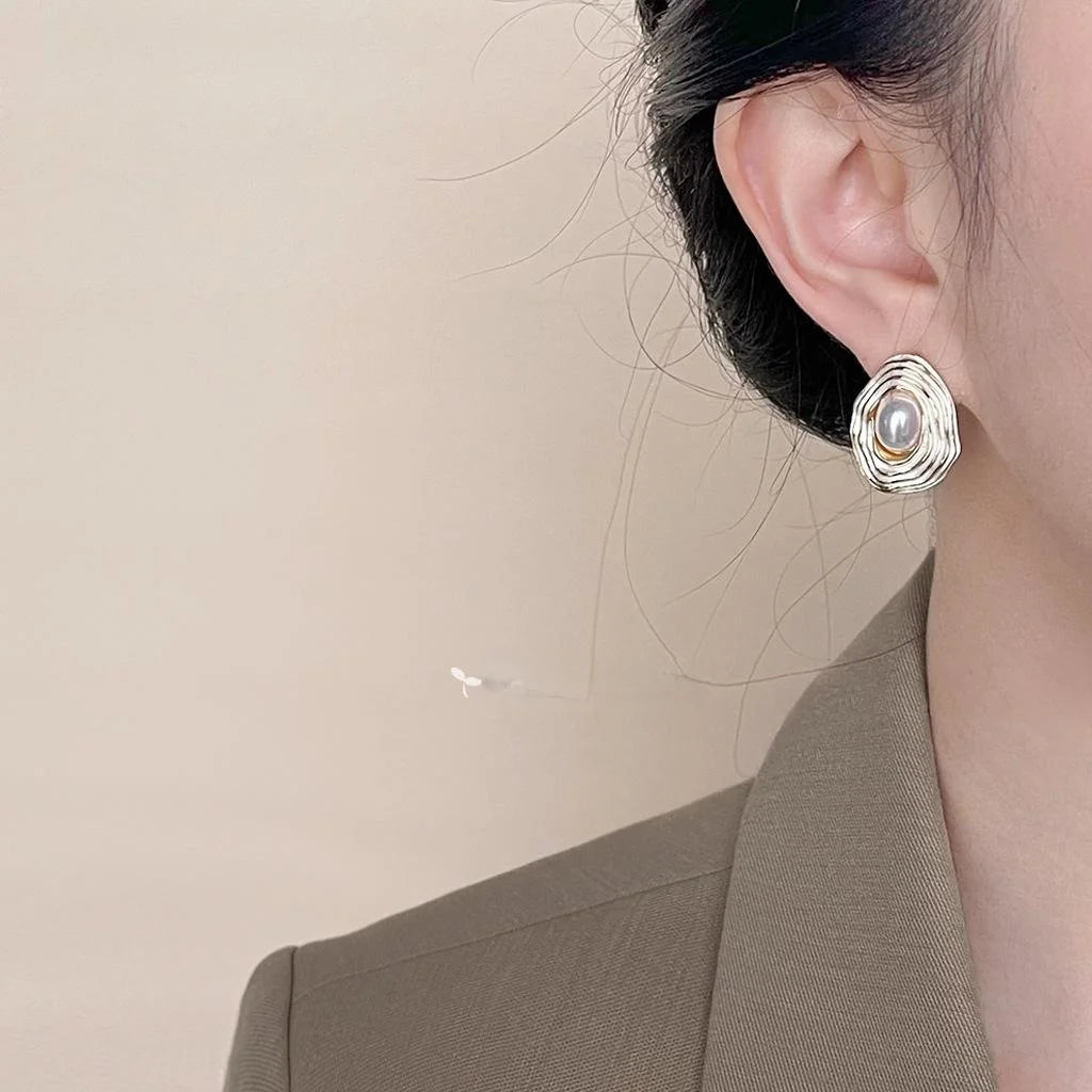 French Vintage 14K Plated Irregular Geometric High Gloss Pearl Drop Earrings
