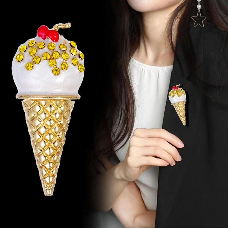 Cute Rhinestone Enamel Ice Cream Cone Brooch With Cherry, Gold Alloy Lapel Pin Corsage Gift