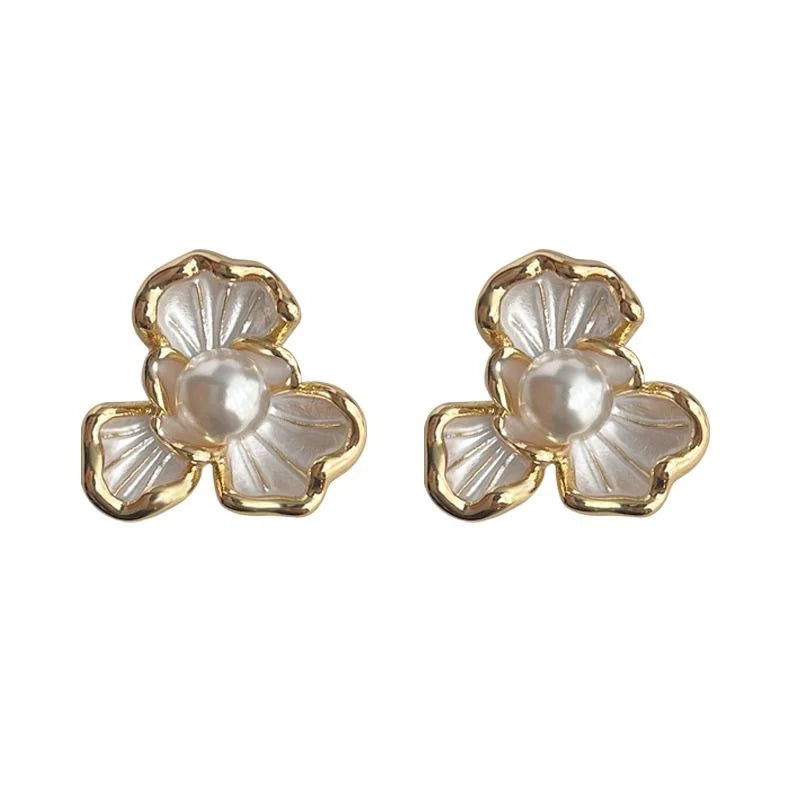 14K Plated Copper Iris Flower Stud Earrings With Glass Pearl Elegant Floral Jewelry