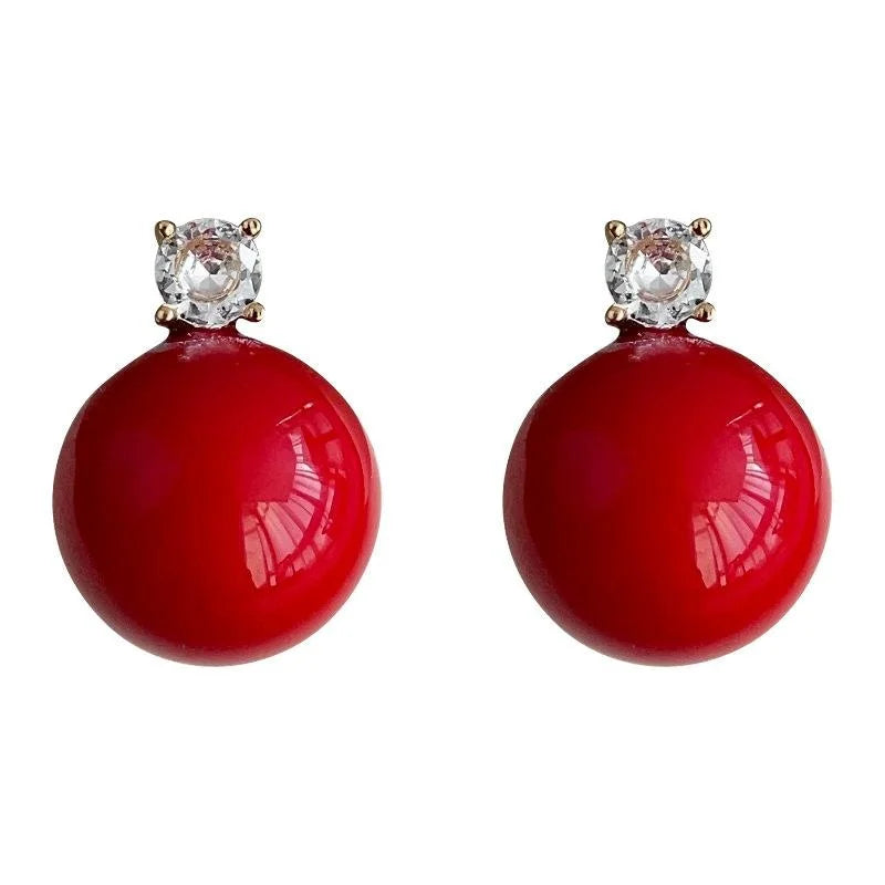 Elegant Glass Pearl Stud Earrings With Round Zircon, Copper Light Luxury Jewelry