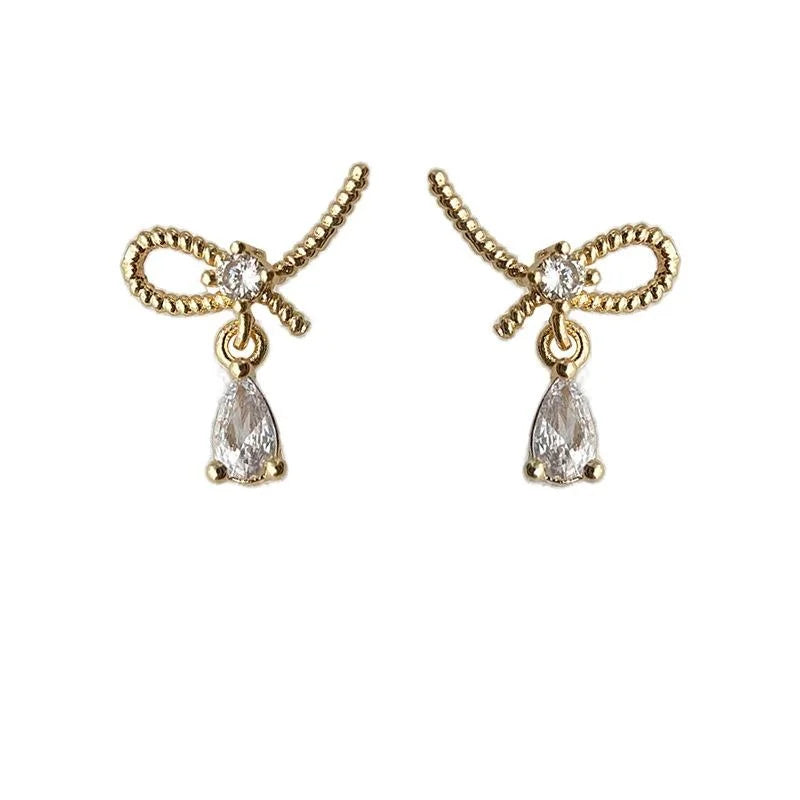 14K Plated Copper Bow Knot Waterdrop Micro Pave Zircon Stud Earrings