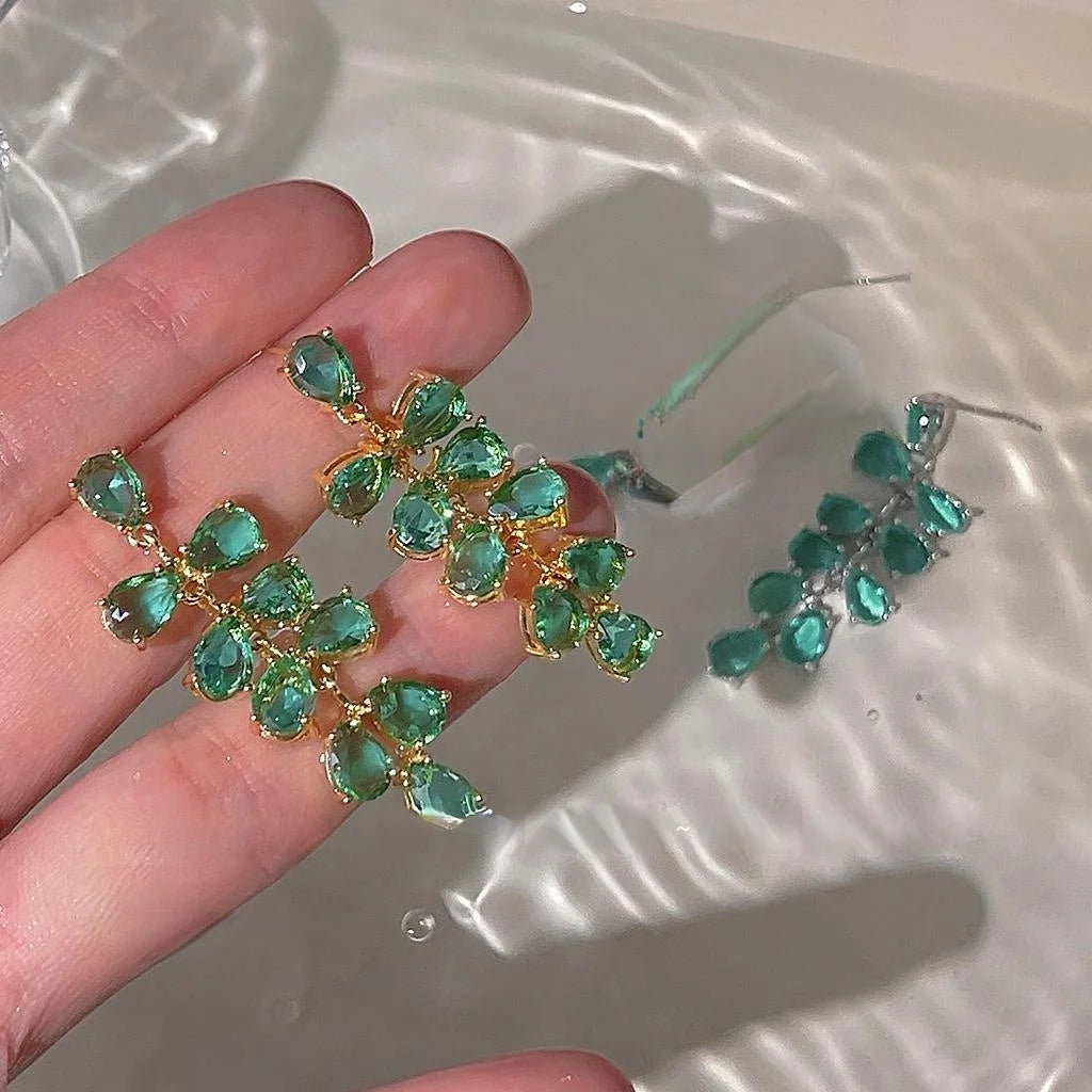 Light Luxury Copper Leaf Tassel Water Drop Zircon Micro Pave Stud Earrings