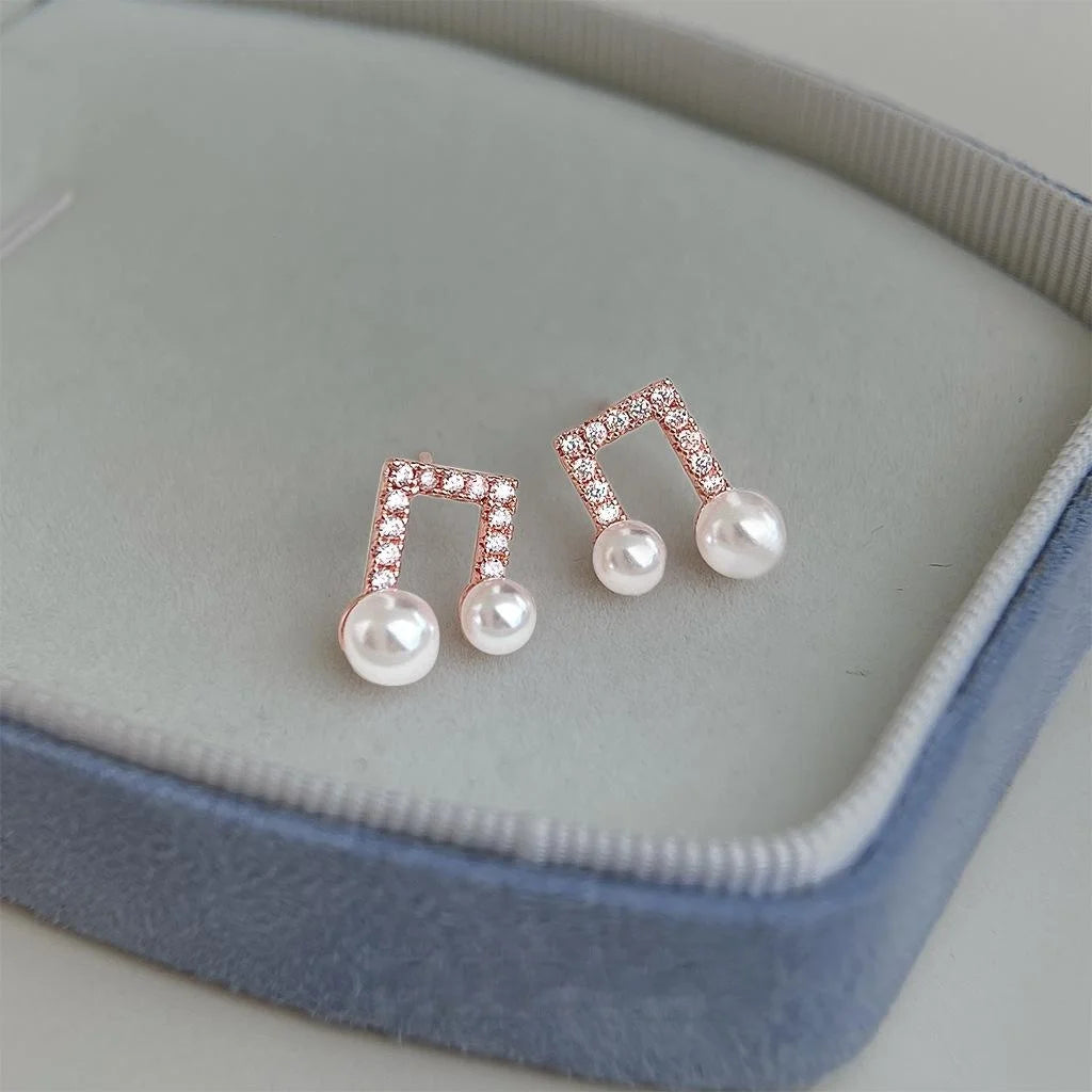 Light Luxury Geometric Music Note Micro Pave Zircon Eco Copper Stud Earrings With Silver Plated Pins