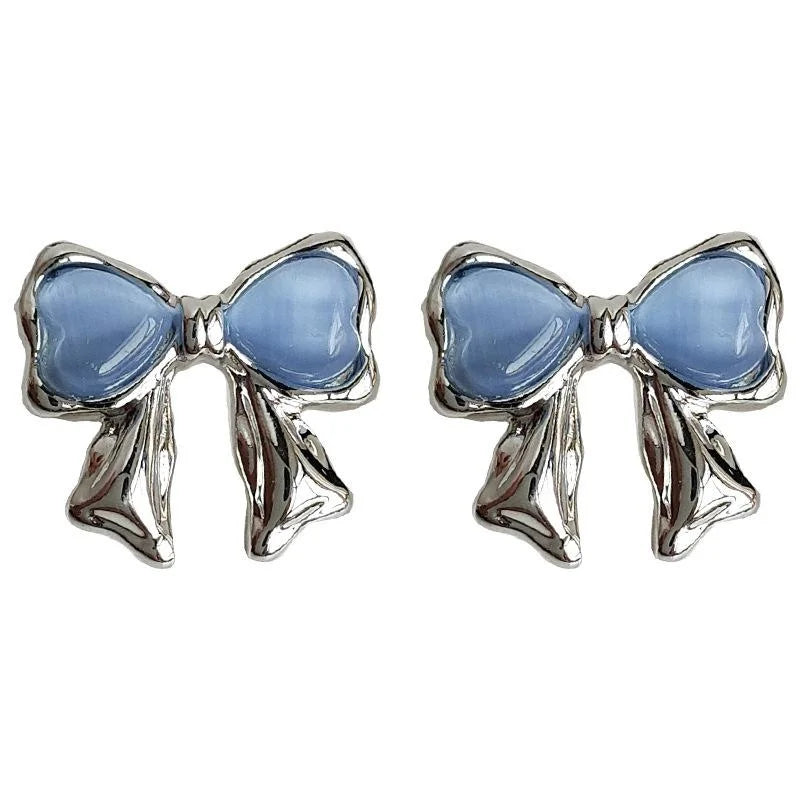 Mini Blue Glass Cat Eye Bow Stud Earrings, Silver Plated Cute Fresh Style