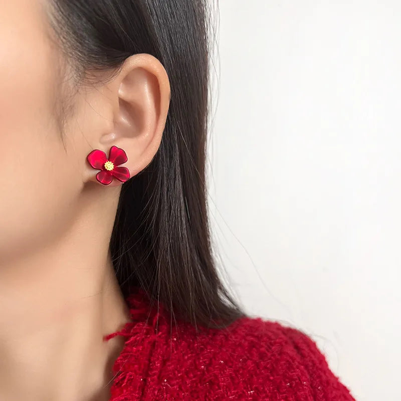 Vintage Red Enamel Flower Stud & Clip On No Piercing Alloy Gold Tone Sweet Floral Earrings