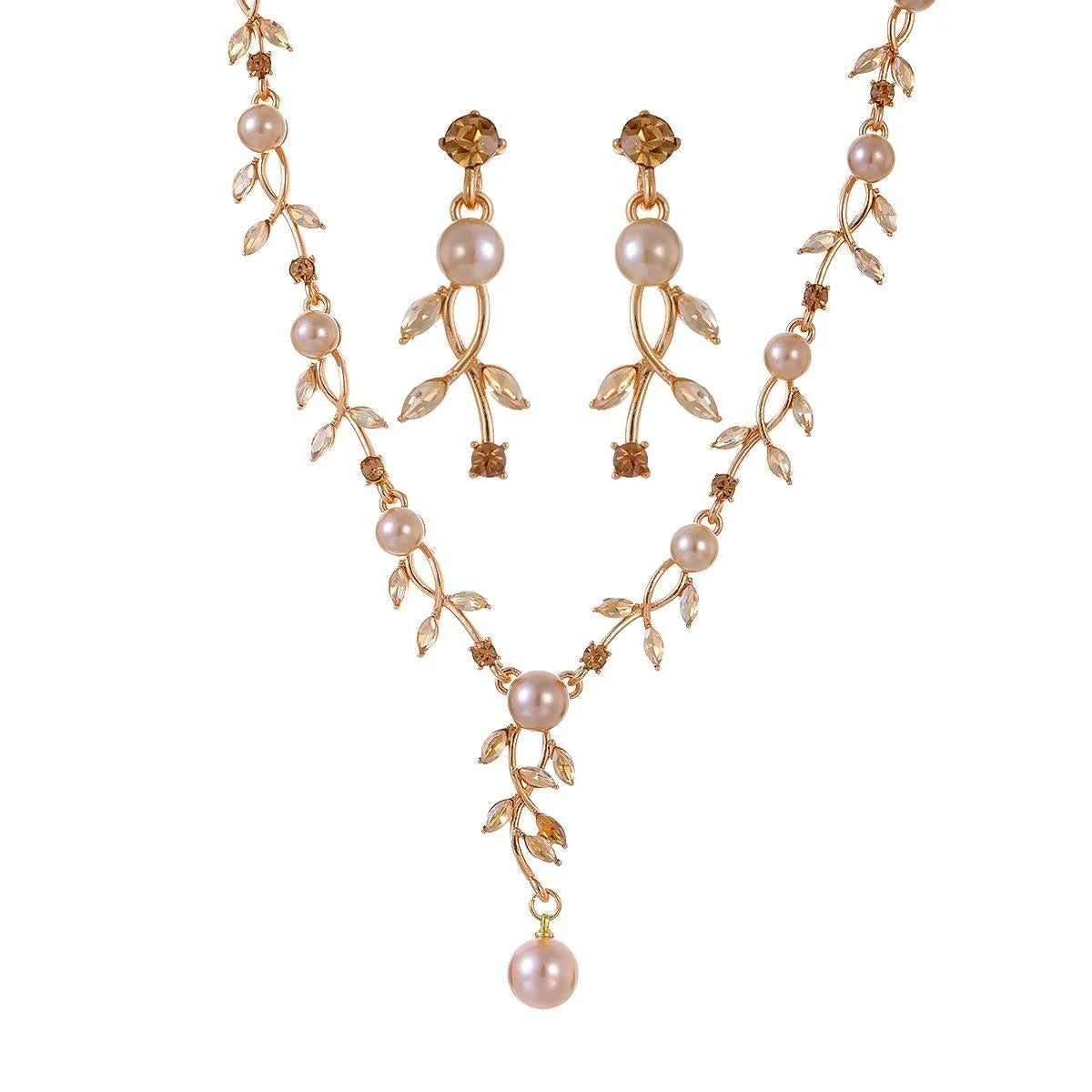 Elegant Pearl Leaf Necklace And Earrings Jewelry Set With Rhinestone Crystal Bridal Jewelry For Wedding Party