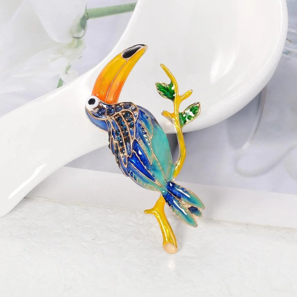 Elegant Enamel Toucan Bird Brooch With Rhinestone Accents, Alloy Lapel Pin Corsage Suit Accessory Gift