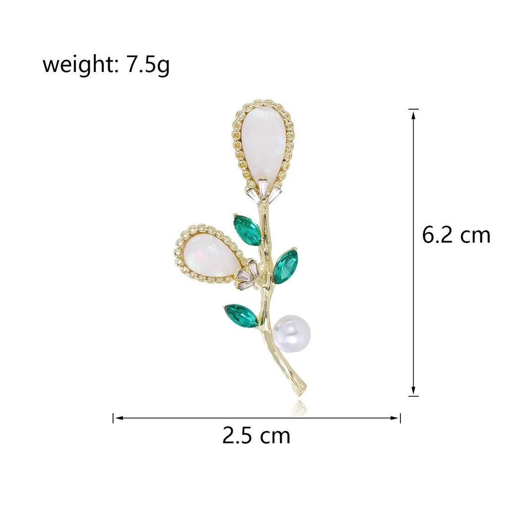 Elegant Mother Of Pearl Flower Bouquet Brooch With Green Rhinestone Leaves, Women's Lapel Pin Gift