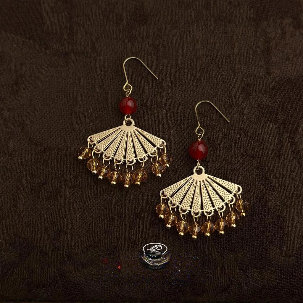 Vintage Red Agate Glass Crystal Fan Geometric Handmade Drop Earrings For Women