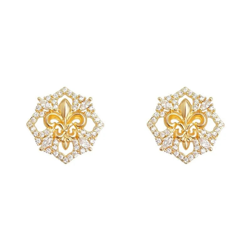 14K Plated Copper Iris Flower Stud Earrings Micro Pave Zircon Luxury Women's Jewelry