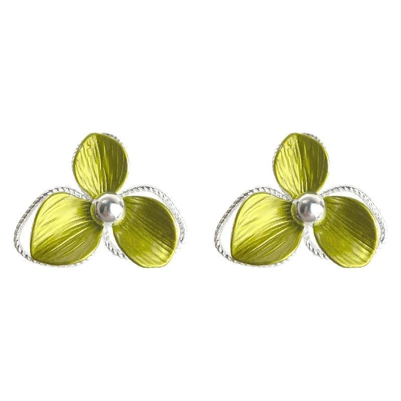 Fresh Green Flower Stud Earrings Silver Plated Copper Leaf Floral Elegant Jewelry