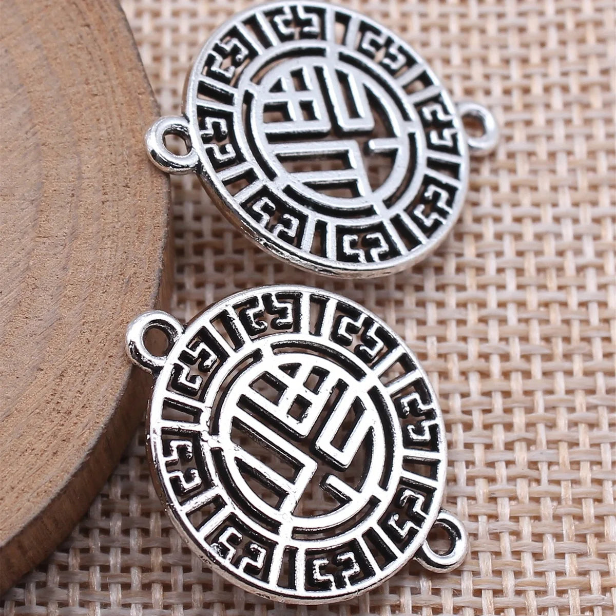 27x21mm 2.3g Antique Silver Zinc Alloy Fu Character Connector Charm for Chinese Style Jewelry Making