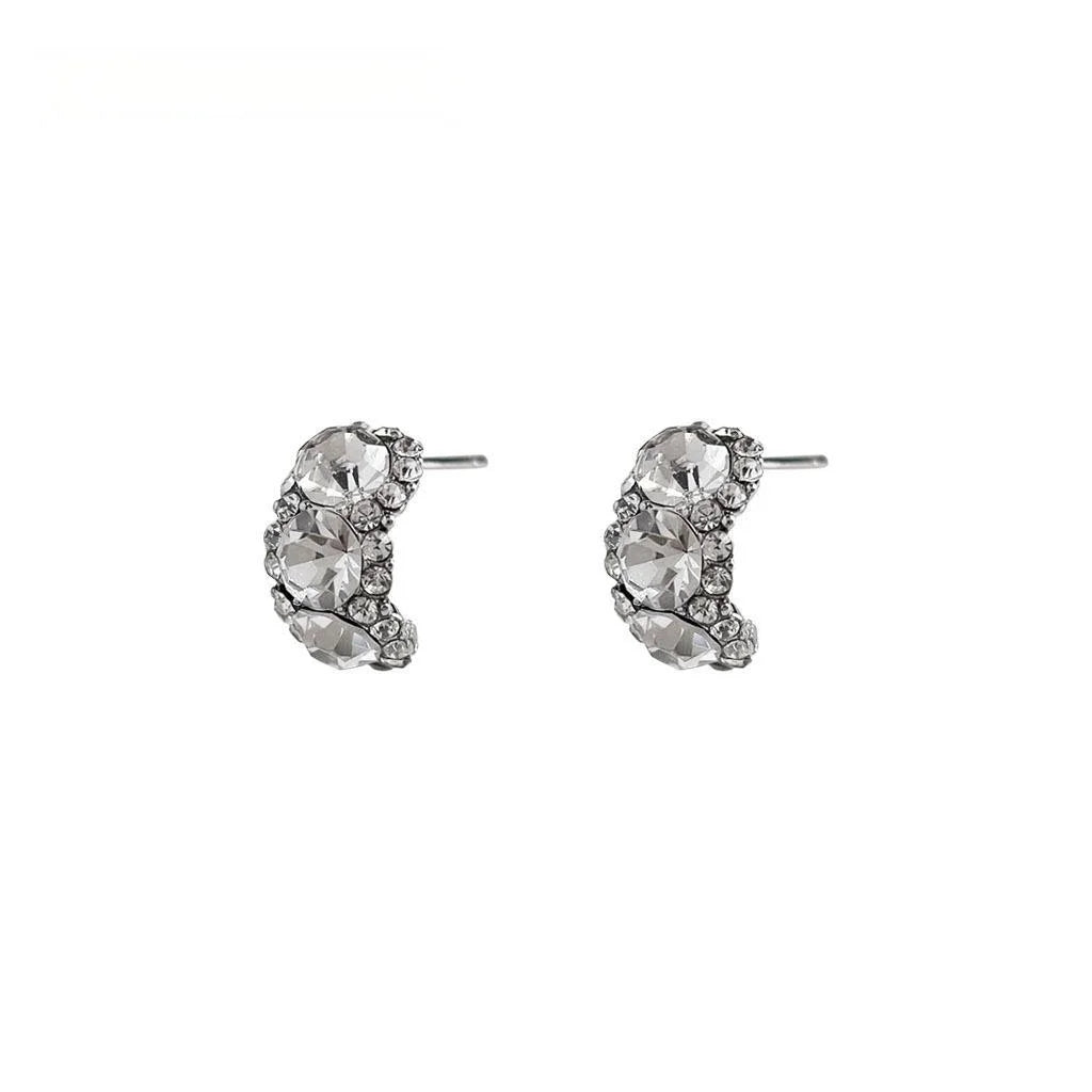 Sparkly Rhinestone U-Shaped Copper Drop Earrings, Silver-Plated Minimalist Commuter Jewelry