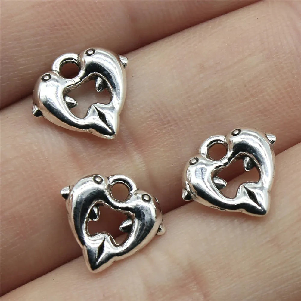 11x11mm 0.7g Antique Silver Zinc Alloy Heart Dolphin Charm Pendant for DIY Bracelet Making