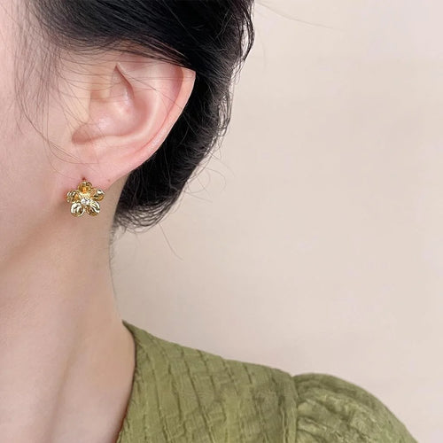 Copper Micro Pave Zircon Peach Blossom Stud Earrings Sweet 3D Flower Spring Jewelry