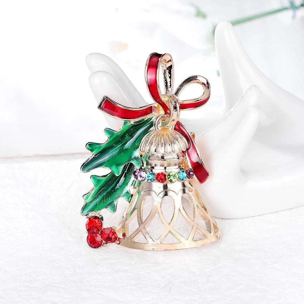 Elegant Christmas Bell Brooch With Enamel Holly Bow And Rhinestones, Alloy Lapel Pin Corsage Gift