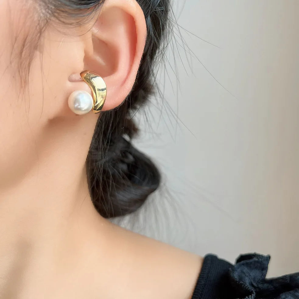 Elegant French Pearl Ear Cuff Stud & Clip On No Piercing Gold Alloy Ear Bone Wrap Earrings