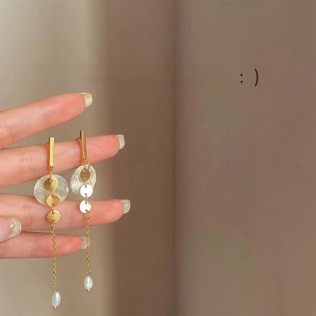 14K Plated Freshwater Pearl Long Tassel Drop Earrings Handmade Korean Style Jewelry