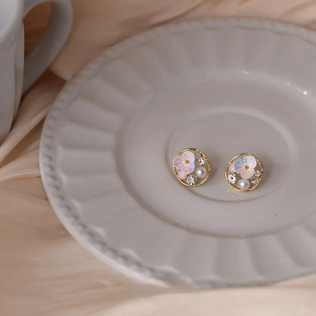 14K Gold Plated Copper Round Flower Drop Earrings Sweet Jewelry For Women