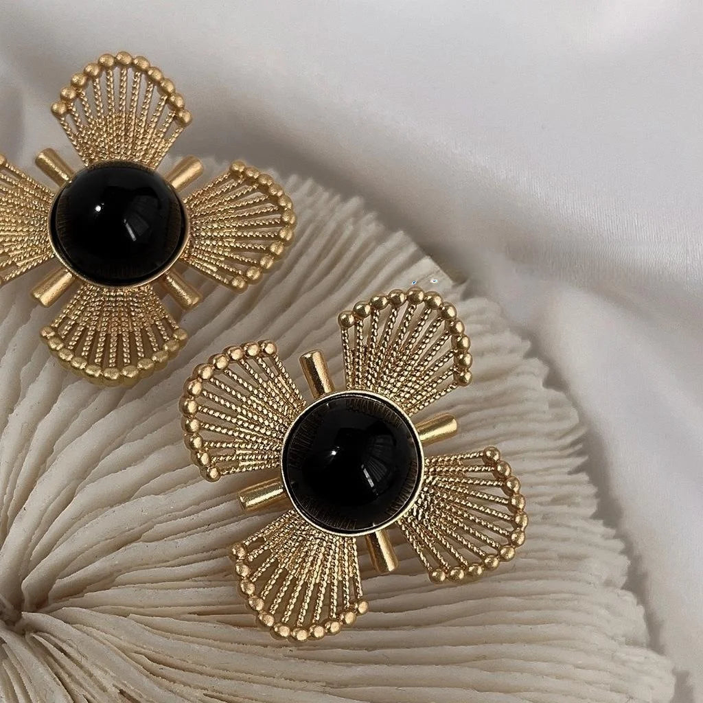 French Vintage Matte Copper Hollow Flower Drop Earrings for Women