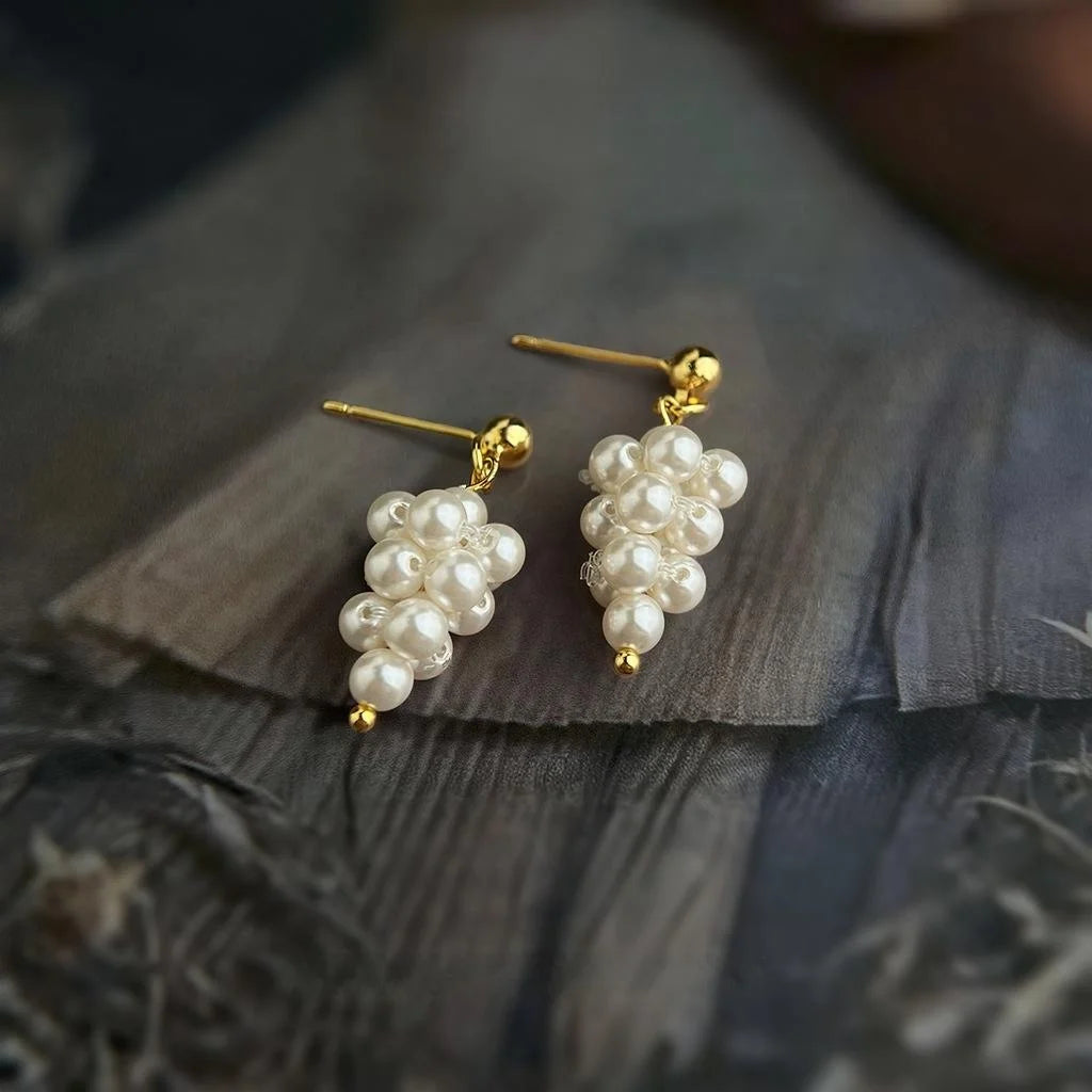 French Elegant Handmade Grape Cluster Pearl Copper Drop Earrings Sweet Geometric Jewelry