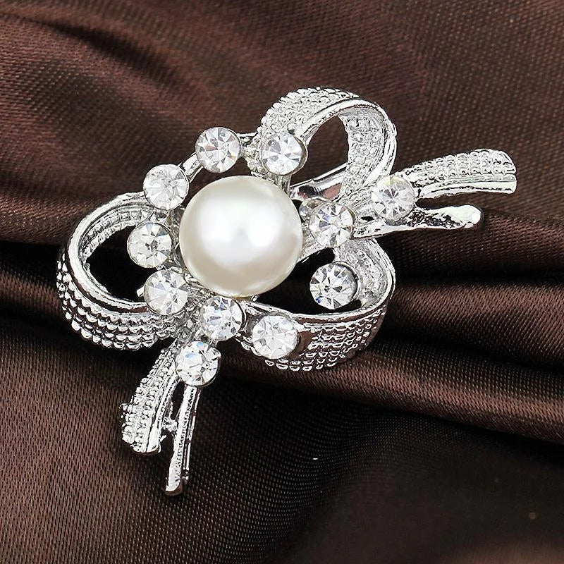 Elegant Pearl And Rhinestone Bow Brooch, Luxury Silver Tone Lapel Pin Corsage For Bridal Shawl Suit Accessory