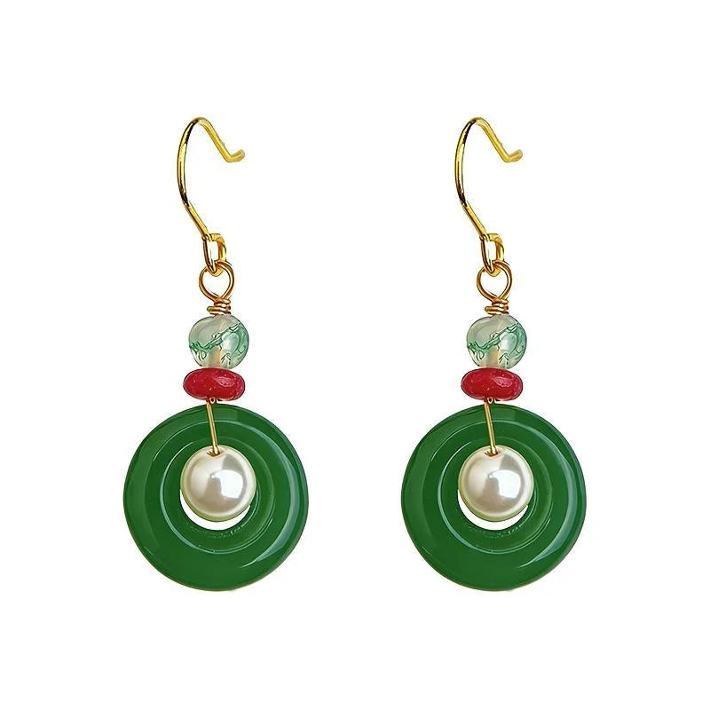Handmade New Chinese Court Style Geometric Peace Buckle Glass Pearl Agate Drop Earrings