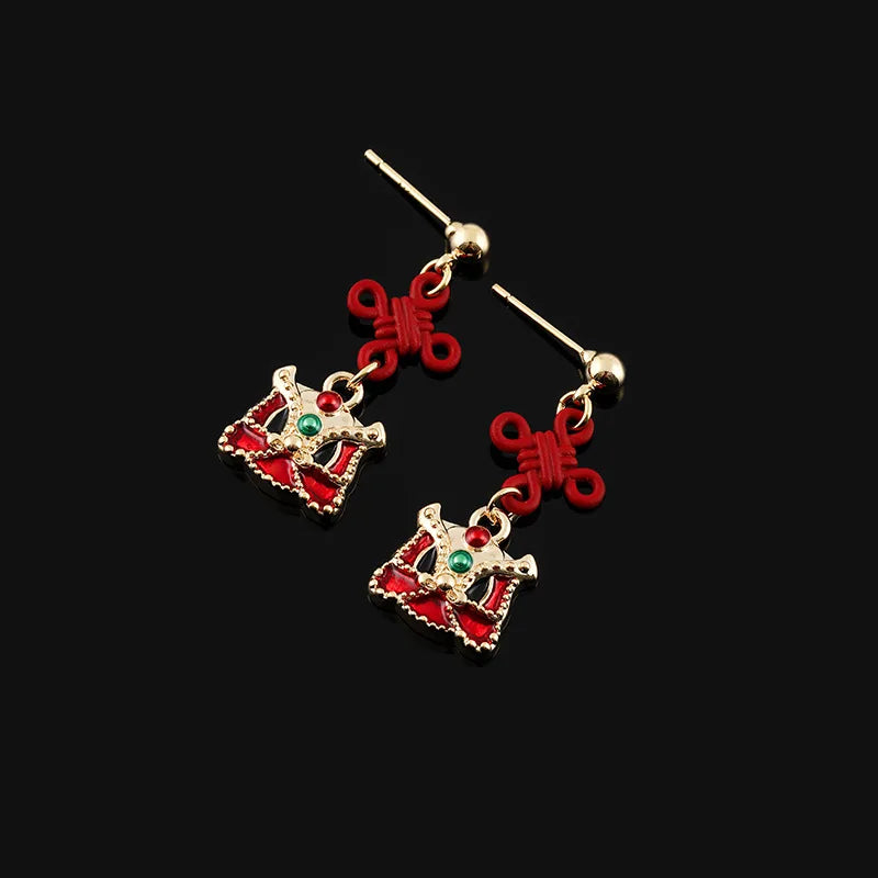 Vintage Chinese Lion Dance Red Knot Alloy Enamel Rhinestone Stud & Clip On No Piercing Drop Earrings